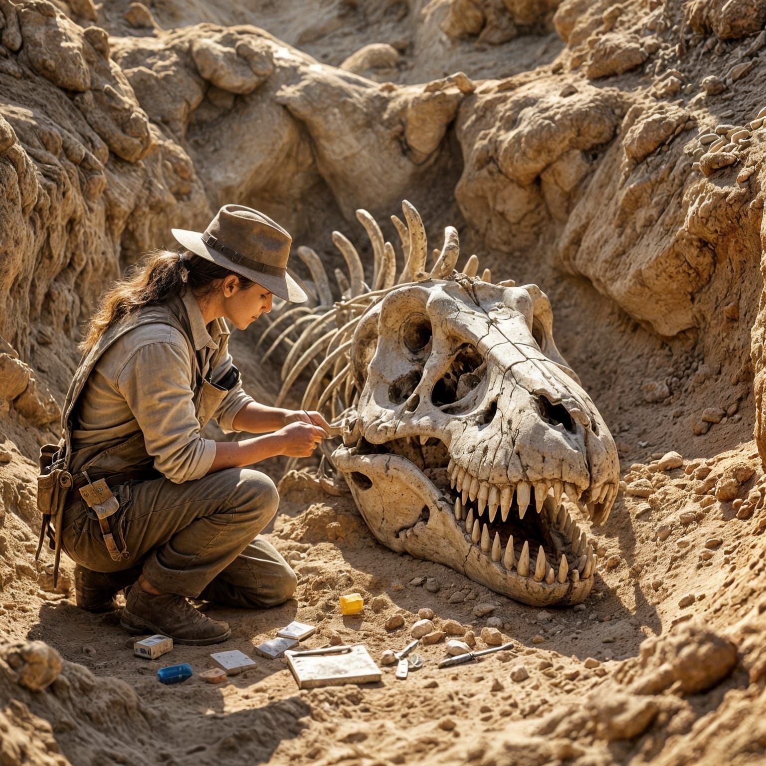 An archaeologist carefully excavating the skull of an ancient dinosaur. Kneeling in a sunlit dig site, ...  by @Likra