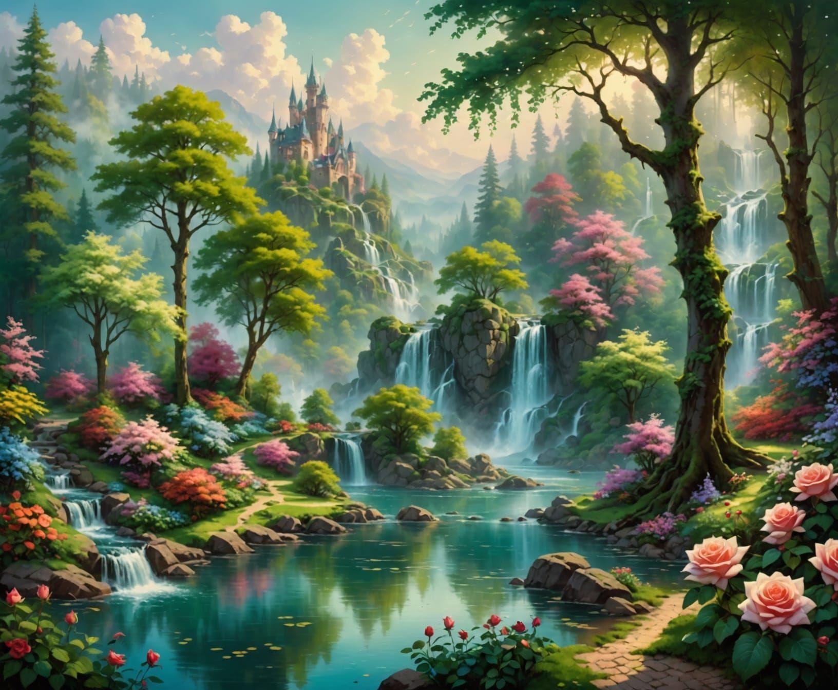 Most beautiful lush green forest and lake with many waterfalls and roses.  Realistic painting. ethereal fantasy hyperdetailed mist Thomas Ki...