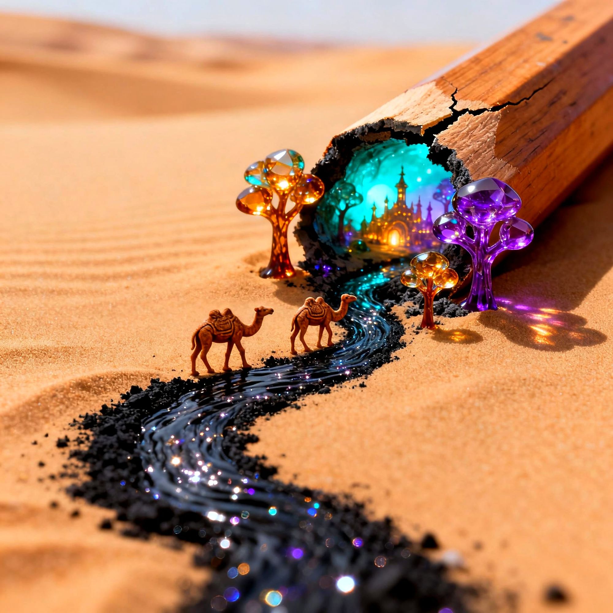 A surreal miniature world emerging from a broken wooden pencil. From the cracked graphite core flows a river of sparkling black graphite, wi...