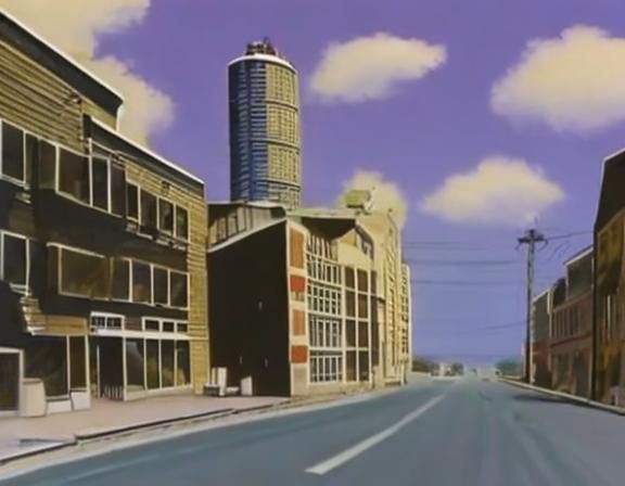 Empty dusty road with tower in style of <lora:Anime:1.0>