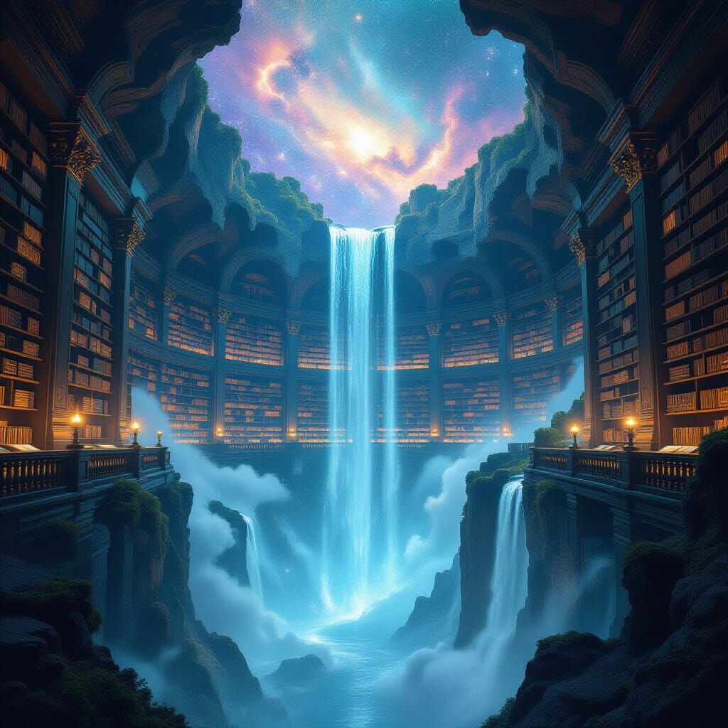 A colossal, ancient library carved into the side of a floating island, with waterfalls cascading into a nebula below. Bookshelves stretch in...