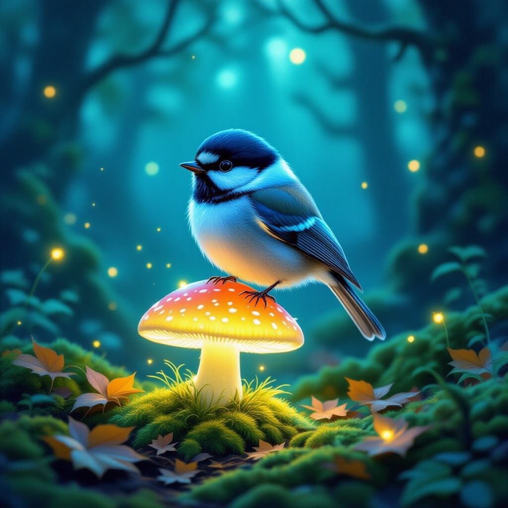 Bioluminescent Chickadee on Glowing Mushroom in Enchanted Fo...