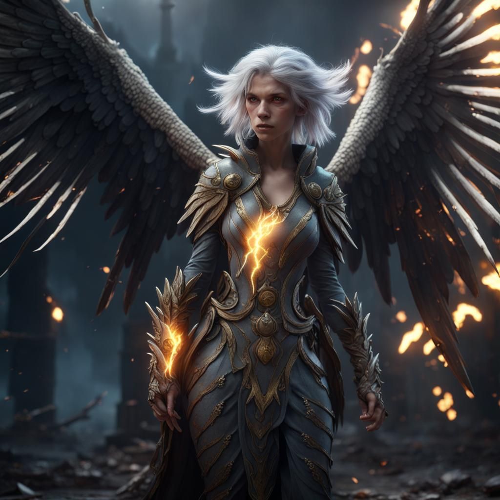 winged harpy girl with grey hair battle damage lightning all around her ...