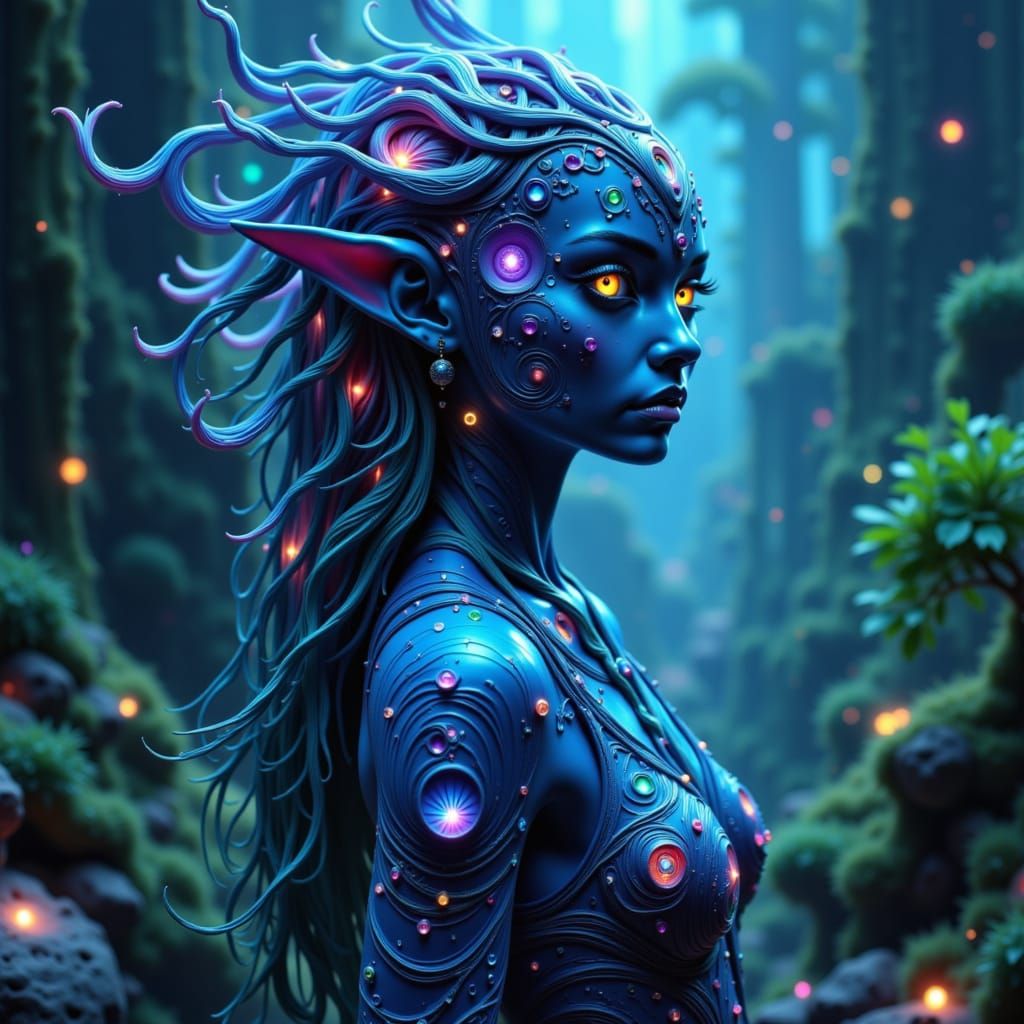 A Navi woman with iridescent, glimmering blue skin, adorned in intricately woven, organic attire crafted from natural fibers, bright vibrant...