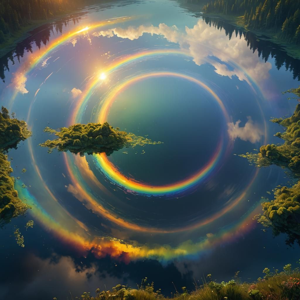 Rainbow reflected in a still lake forming a perfect circle b...