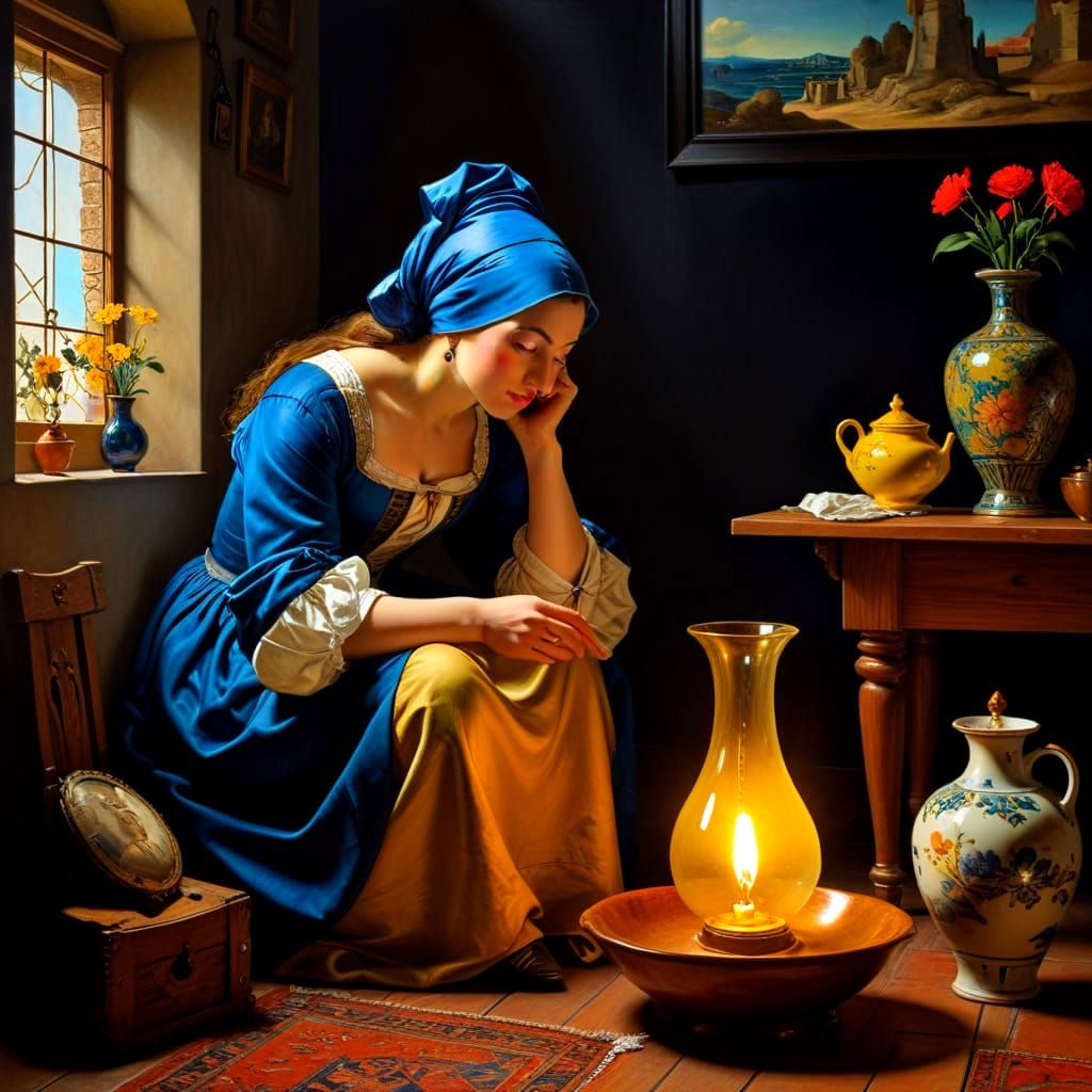 Vermeer-Inspired Portrait of a Charming Lady in a Vibrant In...