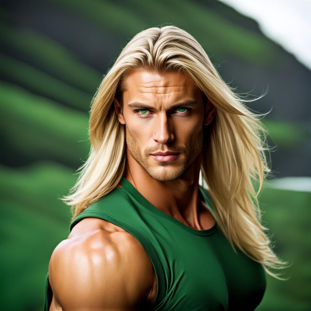 blond , muscular , long straight hair green eyes man - AI Generated Artwork  - NightCafe Creator