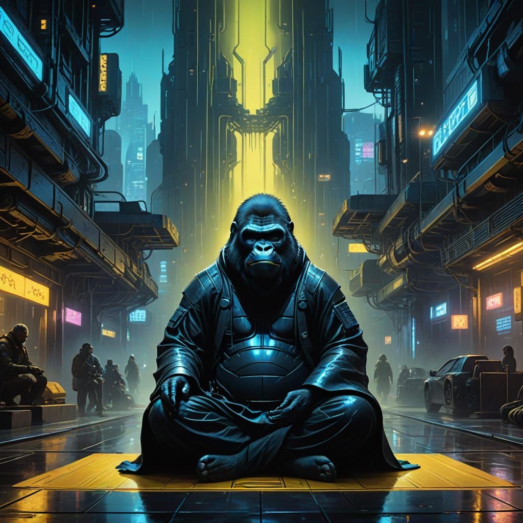 Cyberpunk Gorilla Zen Monk Manifests Celestial Energy