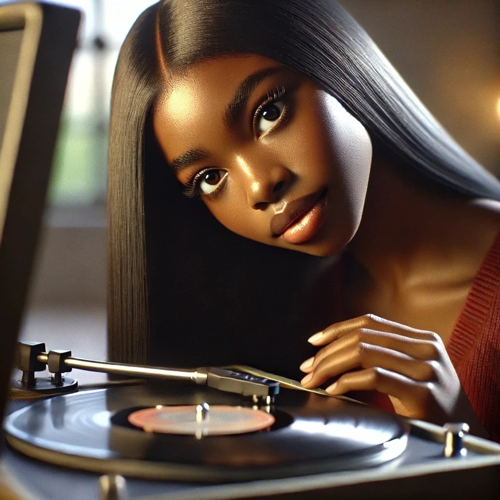 Young woman fixing to change record