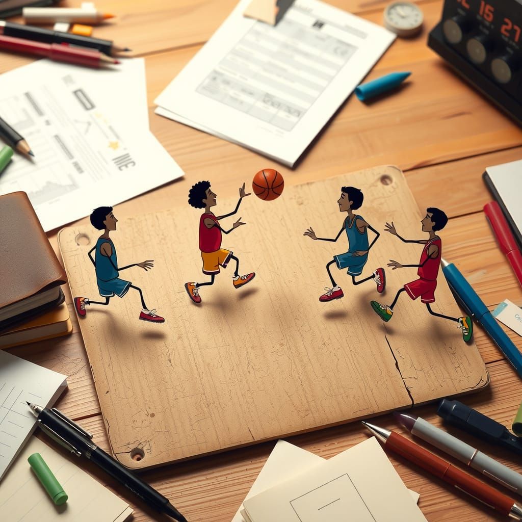 Stick figure people playing basketball.  by @Anne Welborn