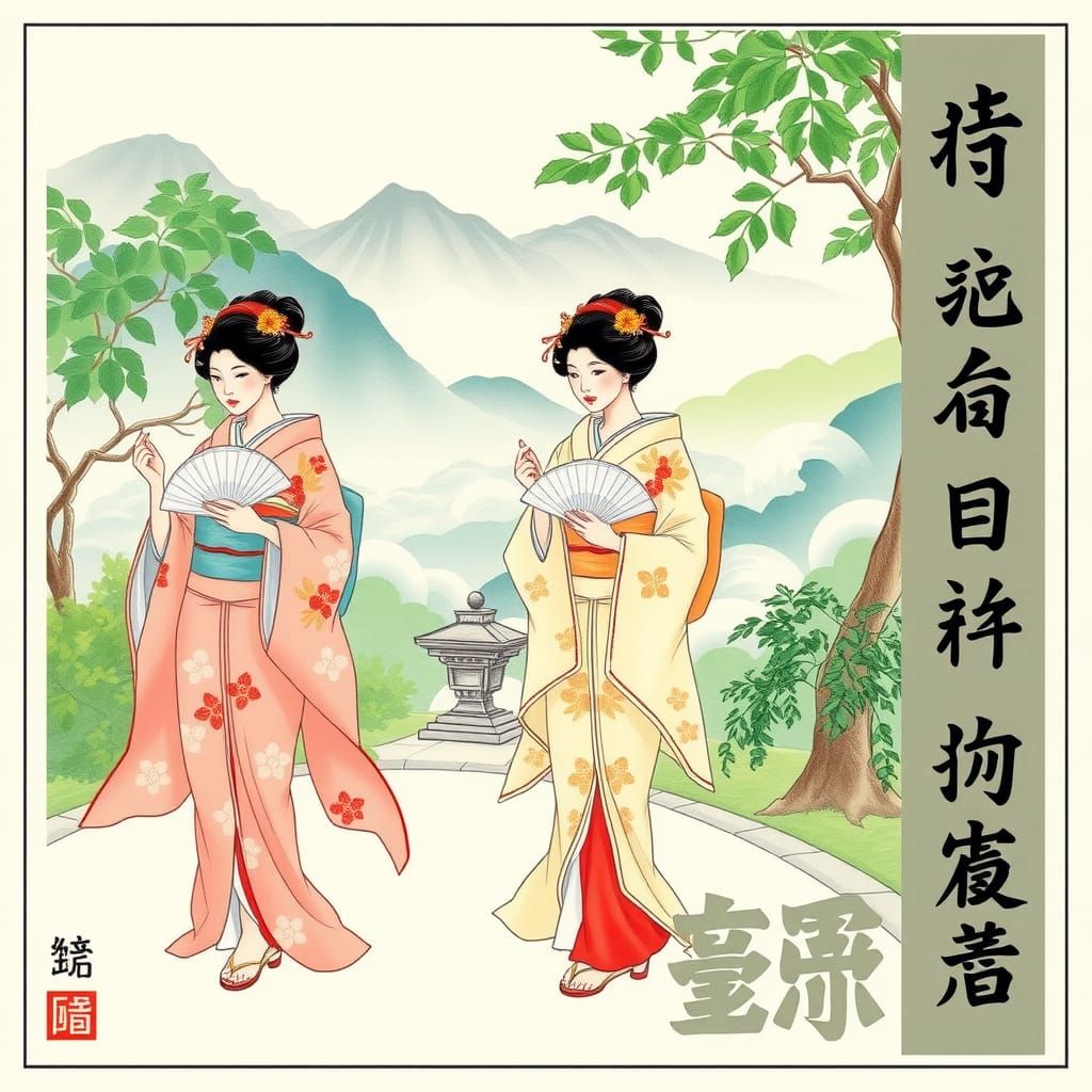 Ukiyo-e drawn on paper, bordered note with kanji letters, ge...