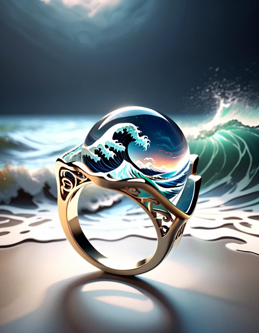 Dreamy stylish ring with storm wave embedded in metal ring f...