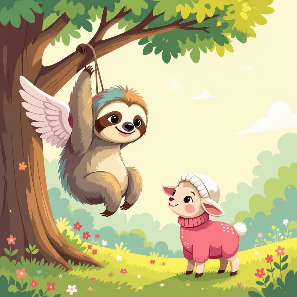 Whimsical Sloth and Lamb Illustration