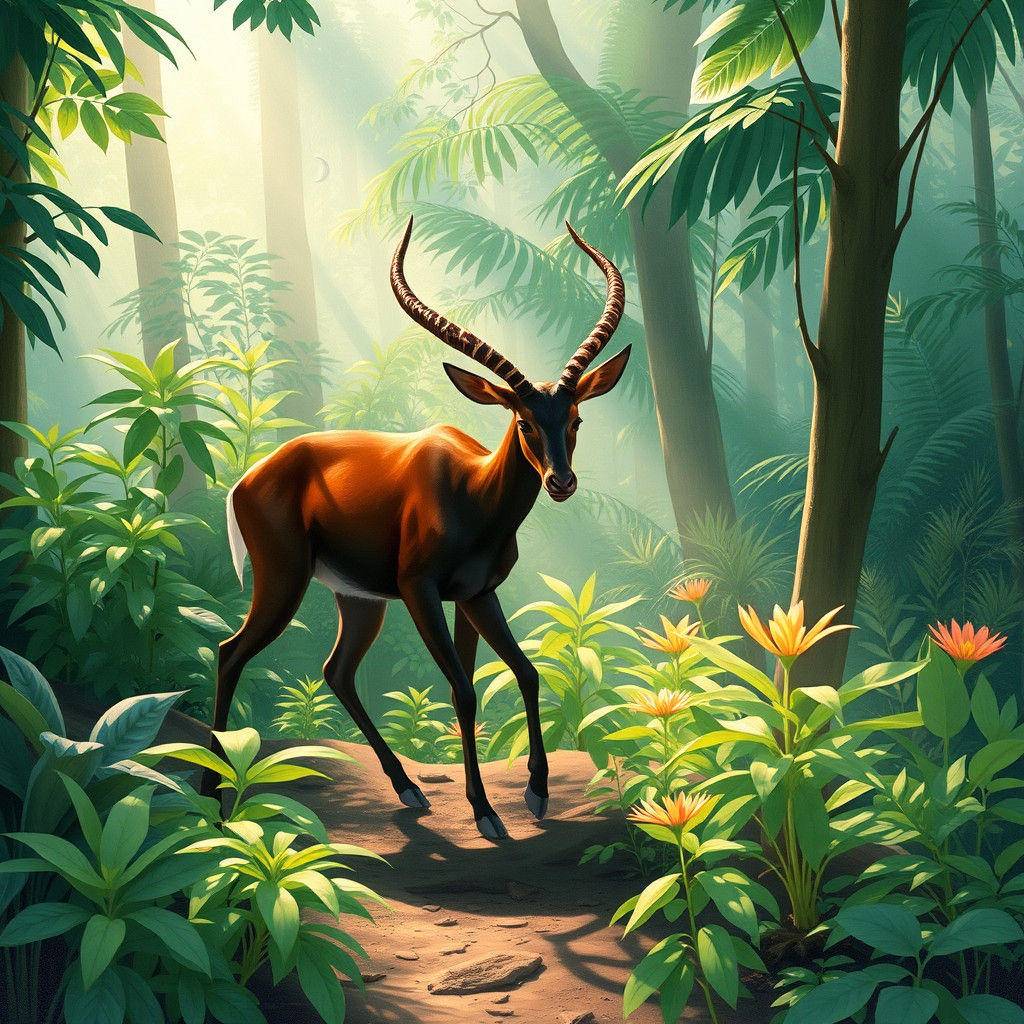Saola, gracefully navigating through the dense, tropical forests of Vietnam. The background features lush vegetation, towering trees, and da...