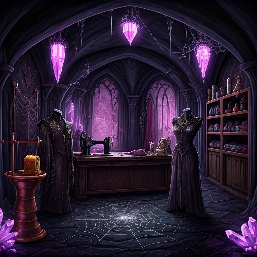 A dark and mysterious Drow tailoring workshop deep in the Underdark, illuminated by faint purple glow from enchanted crystals and biolumines...