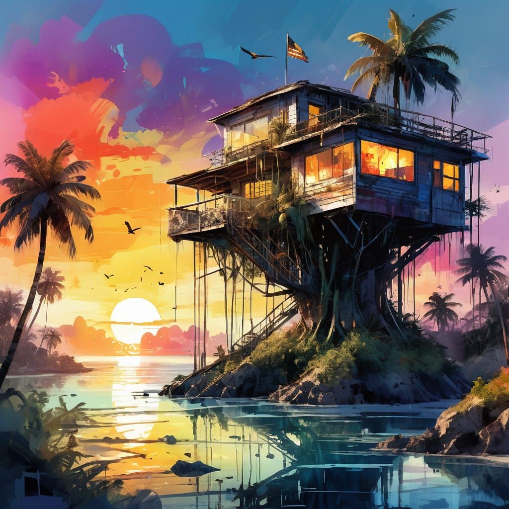 Watercolor of a treehouse on an Island   by @108