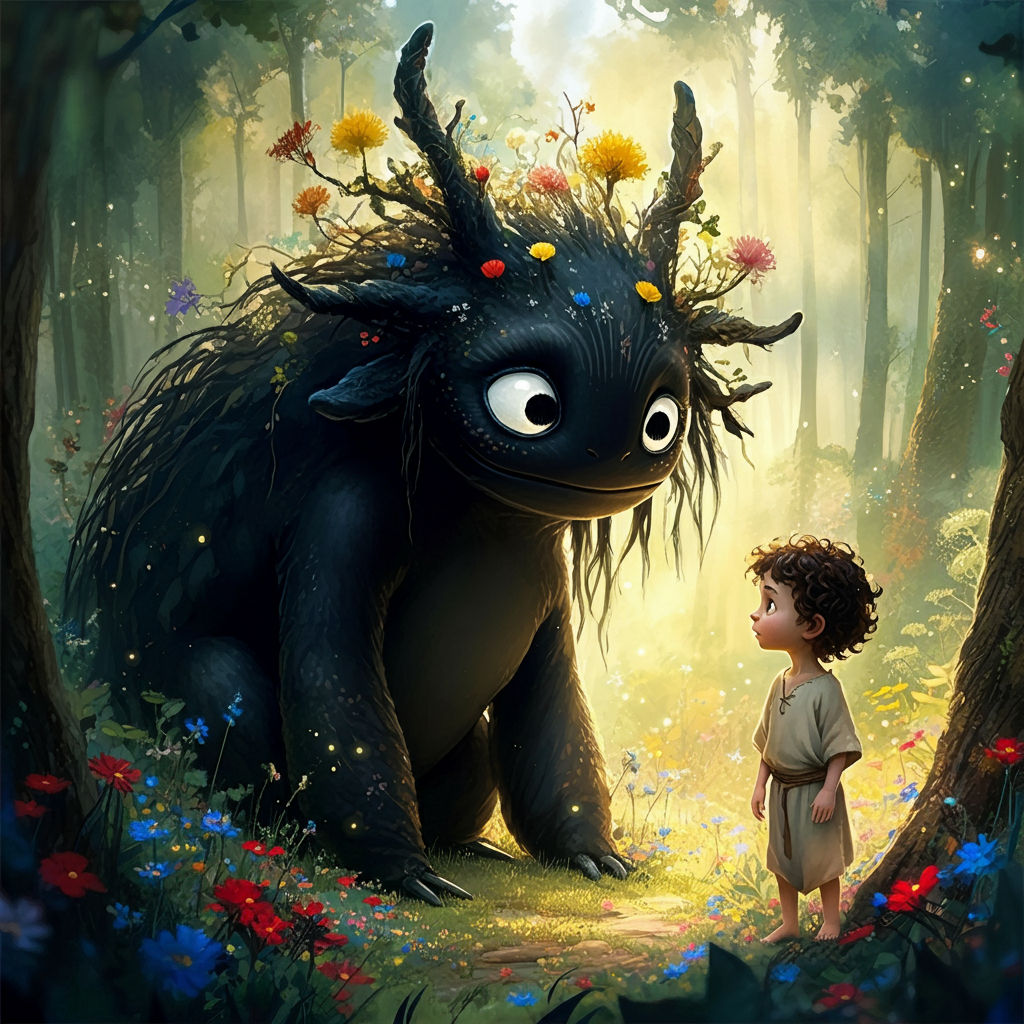 A curious child gazes up at a whimsical, shadowy creature ad...