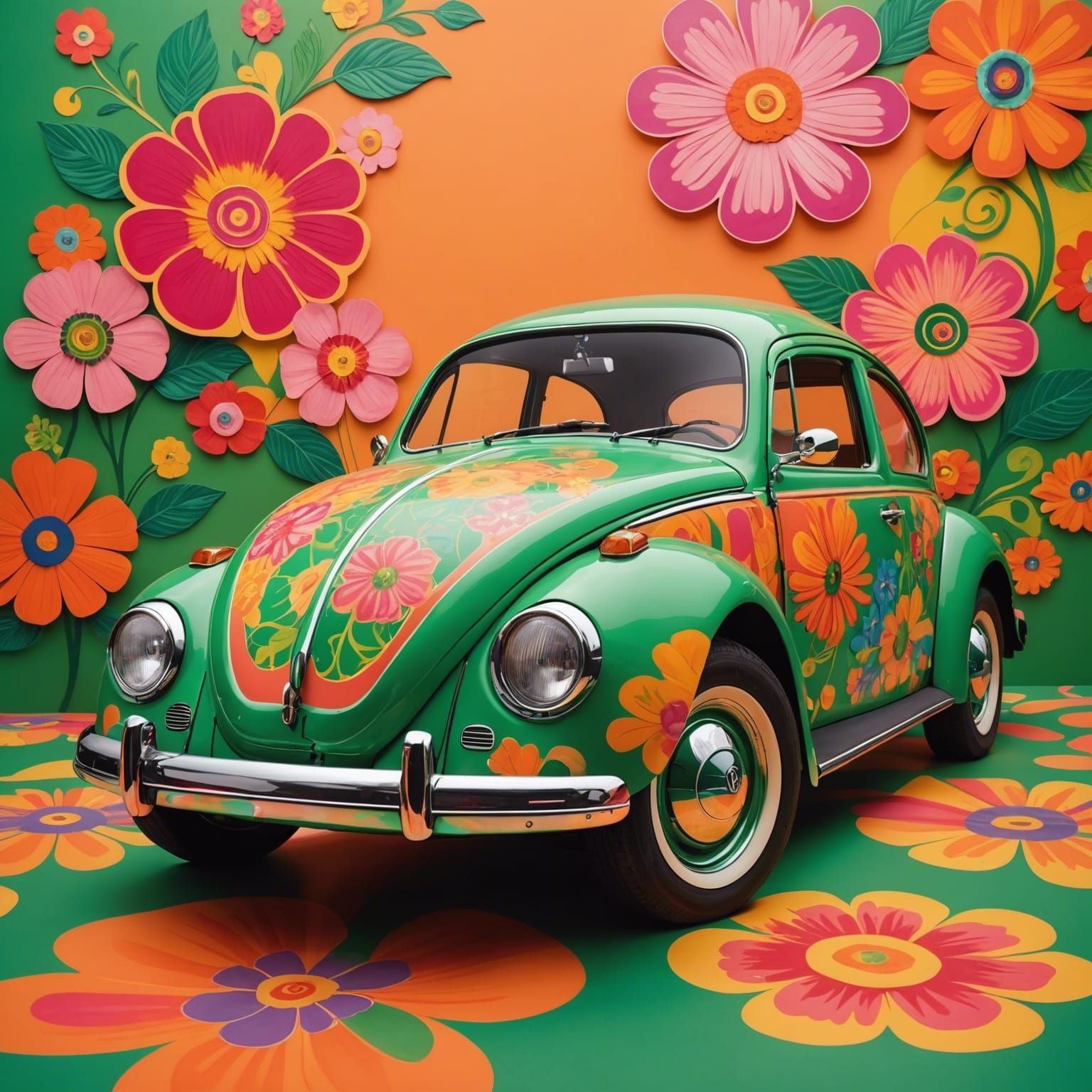 A vibrant and colorful vw beetle car, reminiscent of the 1960s, set against a swirling orange background. ...  by @NUTMEG
