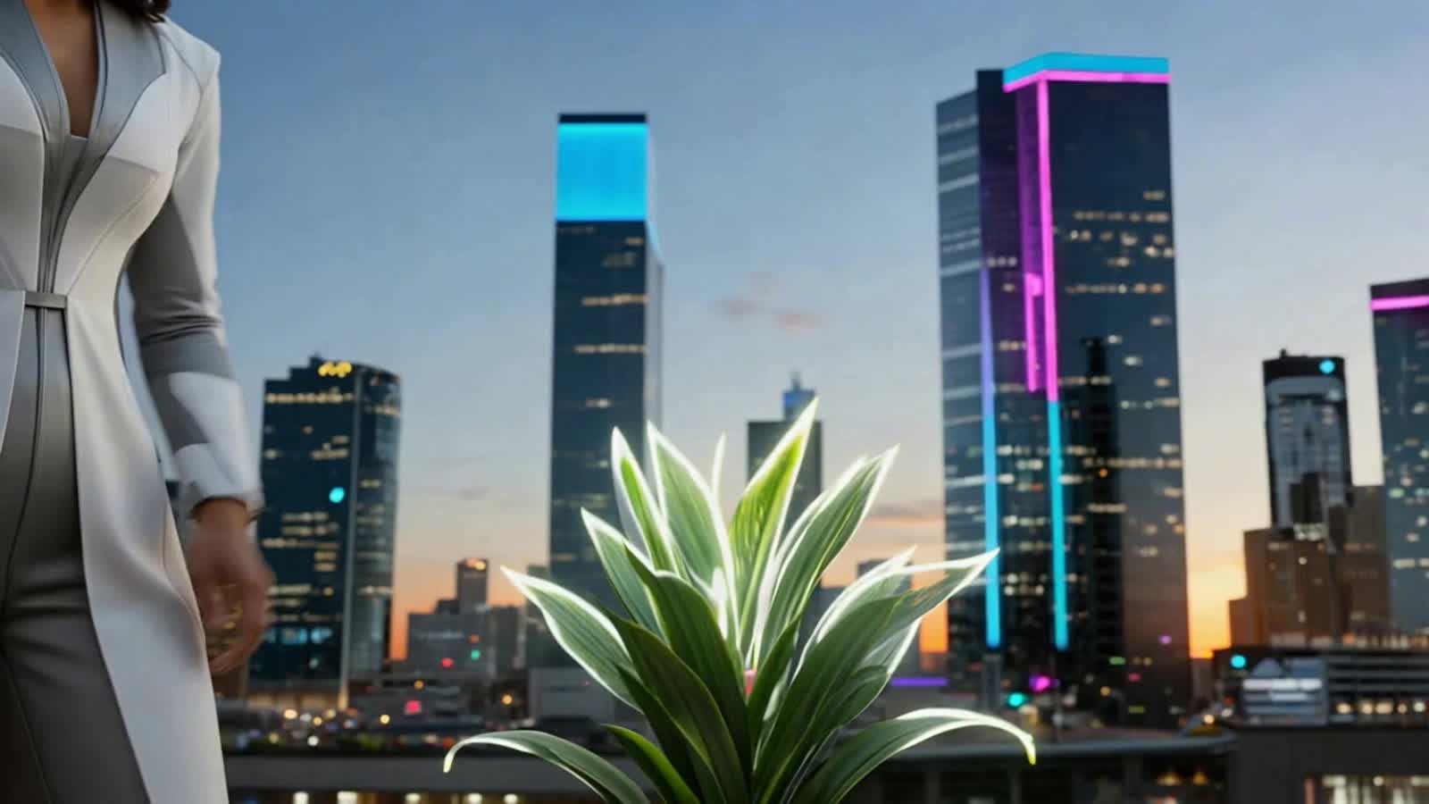 A cinematic 10-second seamless-loop futuristic city where AI and human creativity coexist.  
Objects can move over backg...