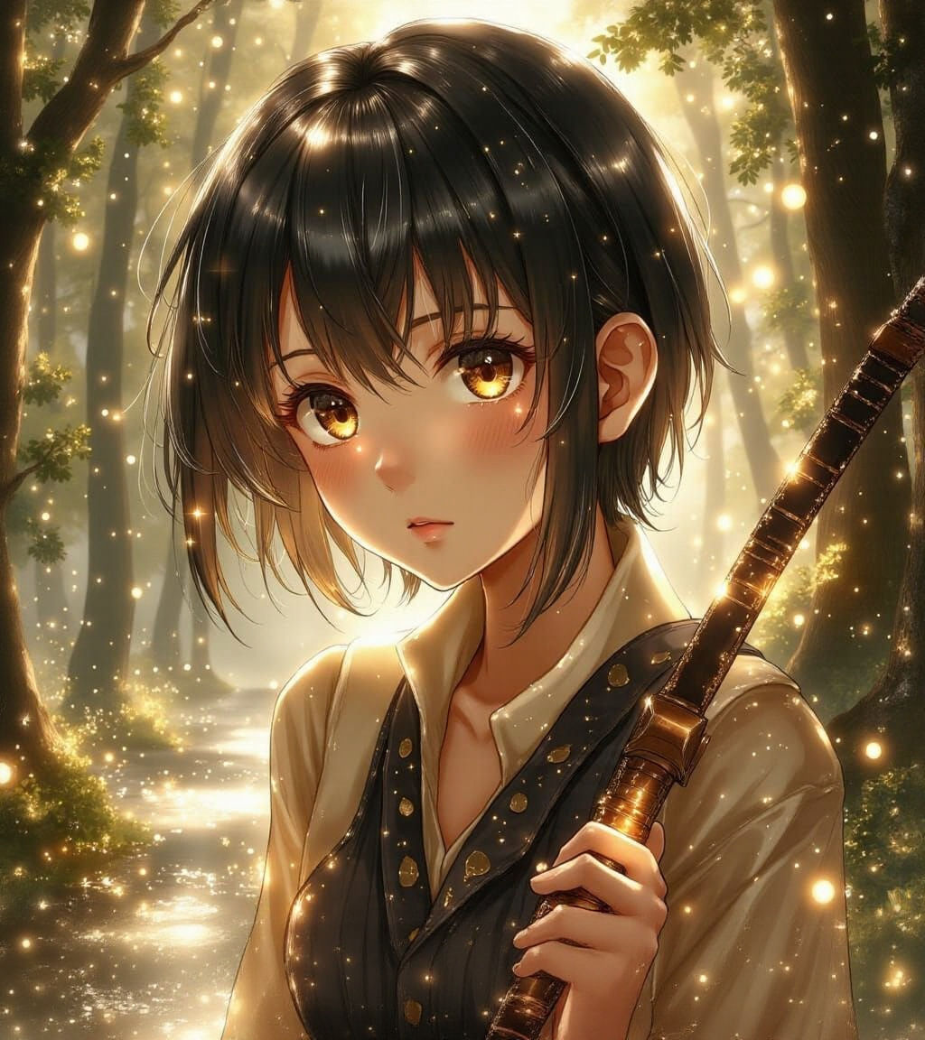 Anime Archer Woman with Short Black Hair