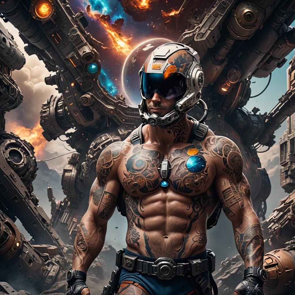 a shirtless super strong tattoo-covered astronaut detailed m...