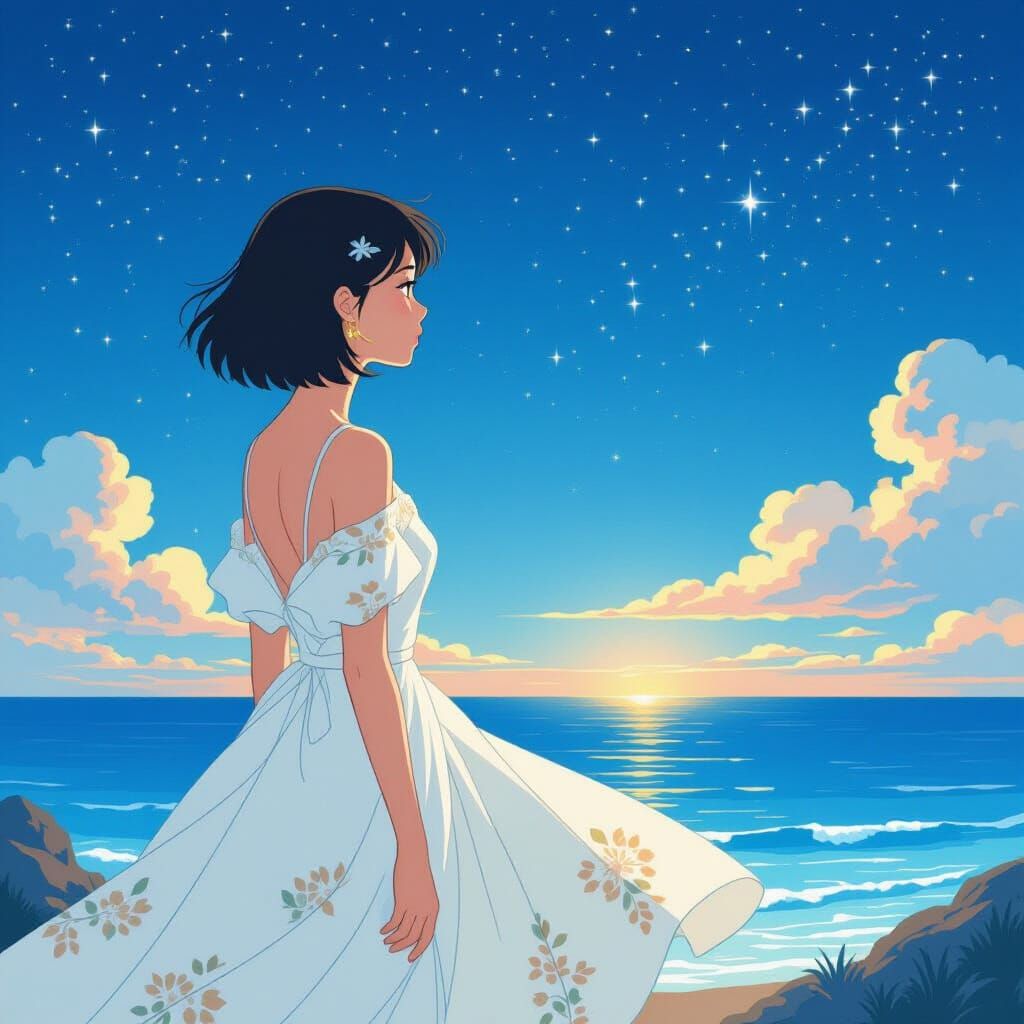 Woman Gazing at Starry Ocean, Anime Style