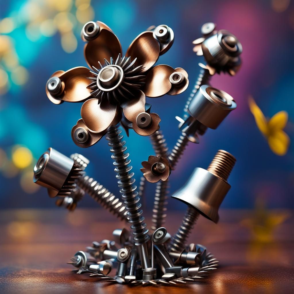 metal flowers made from nuts and bolts AI Generated Artwork