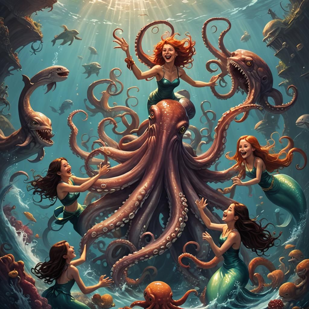 Happy mermaids playing with a giant octopus in a sea of joy