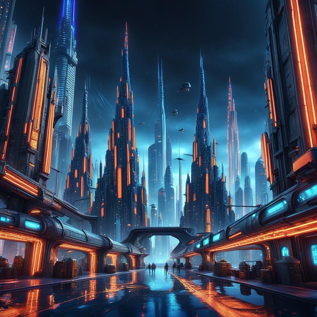 Futuristic Cityscape with Neon Lights in Fantasy Style