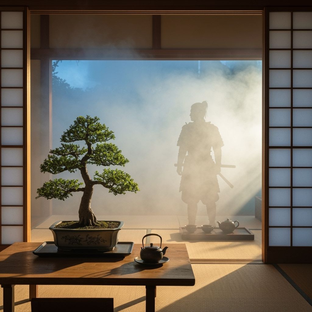 A baobab bonsai tree in an elegant ceramic plant tray, resting on a wooden table inside a minimalist Japanese-style home. Soft morning fog d...