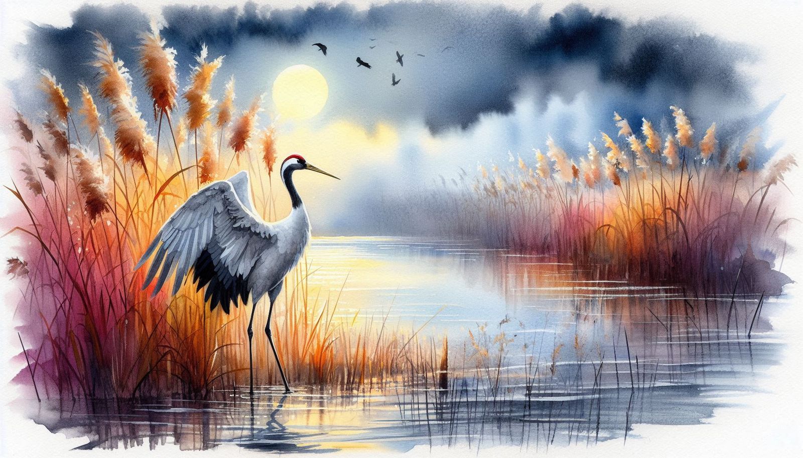 Crane wading through the pond