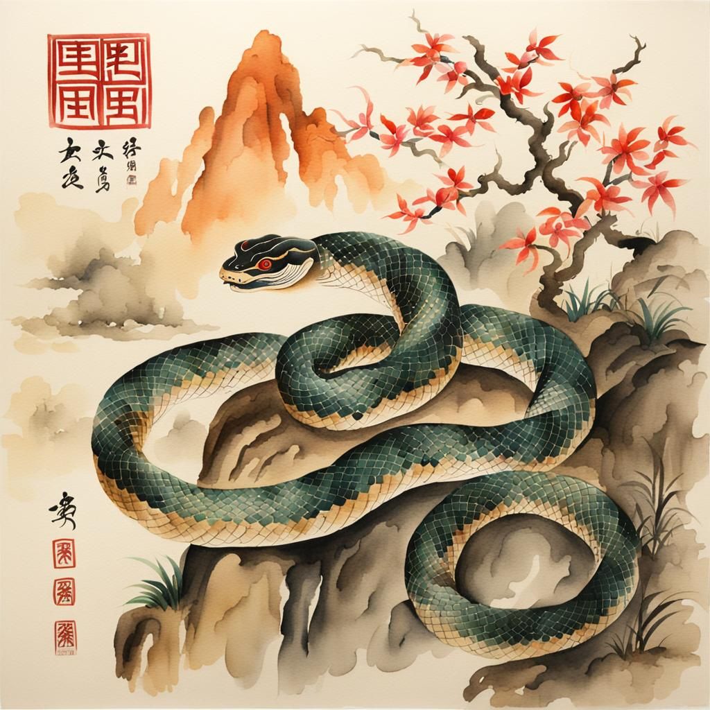 Asian watercolor,year of the snake  by @eileenMcC