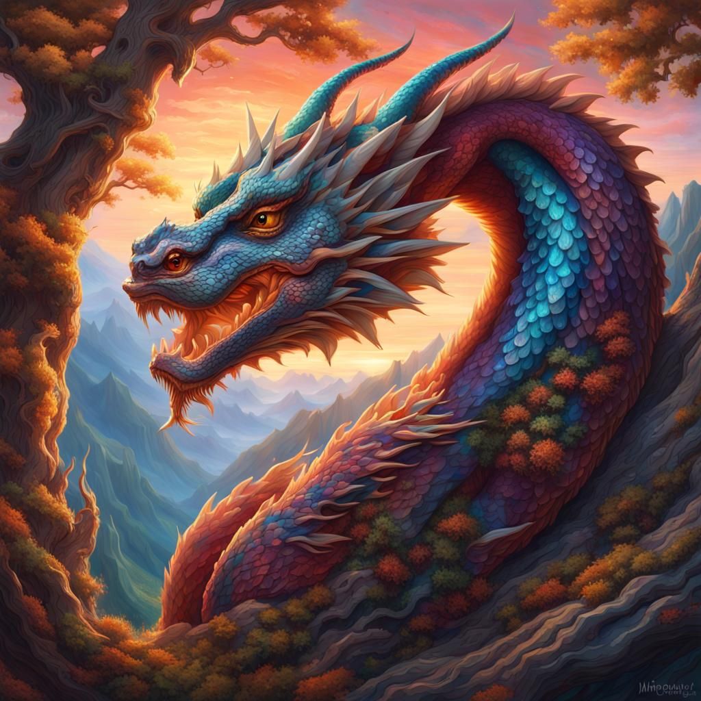 A medieval sweet dragon, half dragon, half snake, displays vibrant and ...