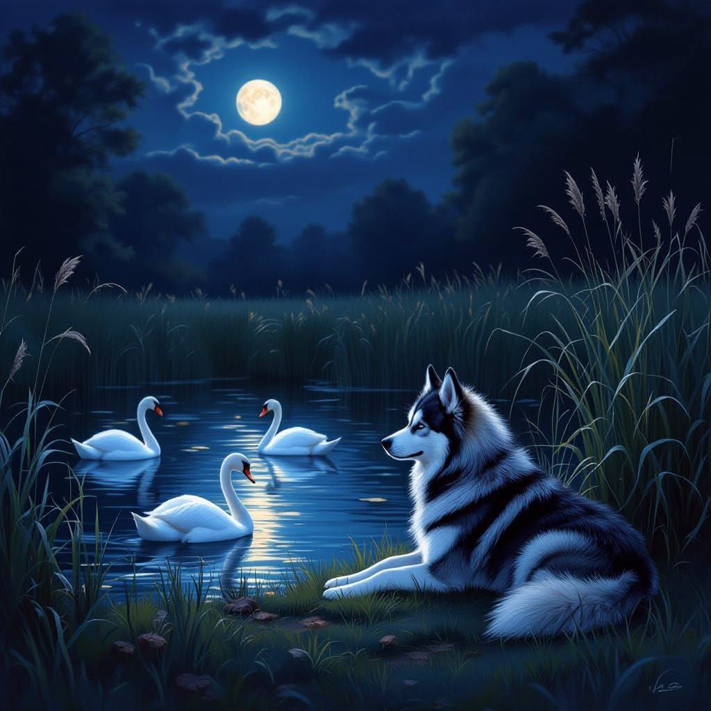 A Husky laying by a pond watching Swans swim