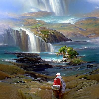 An elf on a remote island looking at big waterfalls