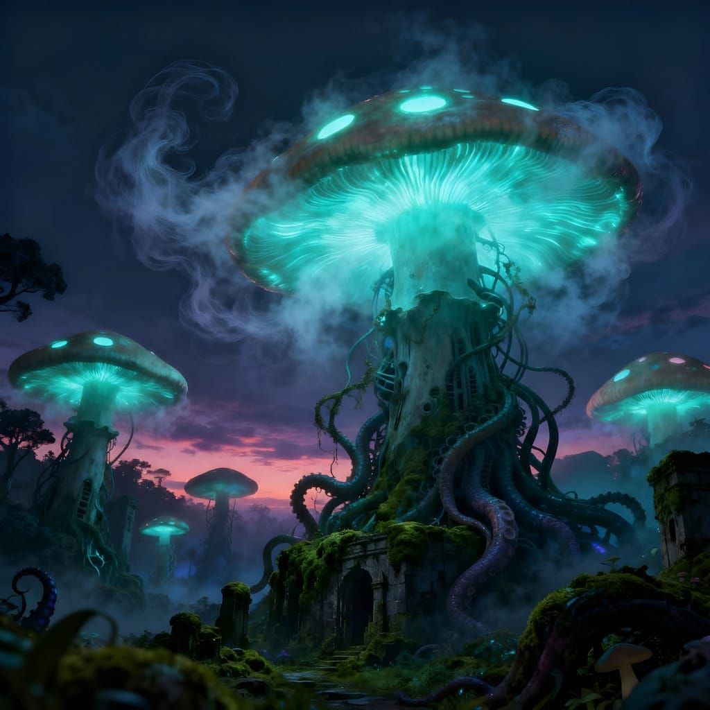 Bioluminescent Mushroom Forest at Twilight