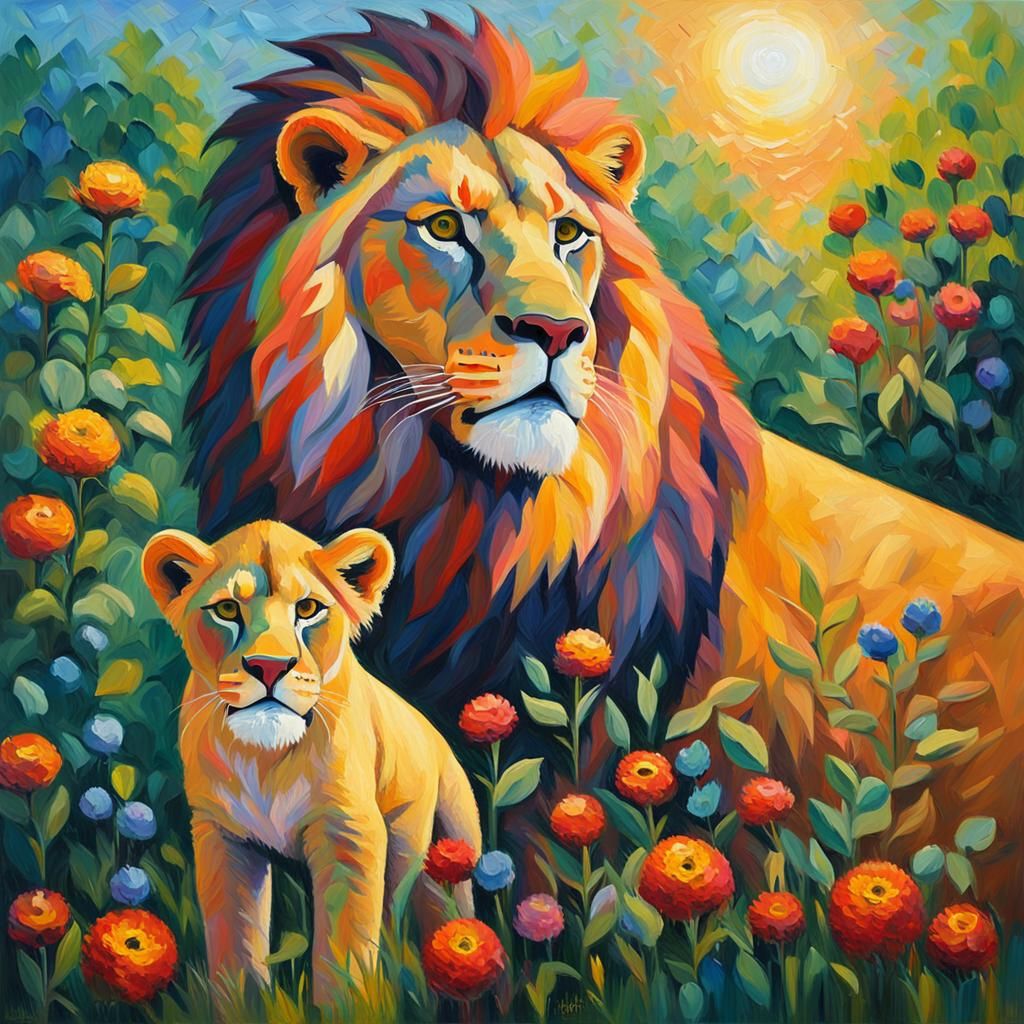 Lion Family Portrait as Expressionist Oil Painting