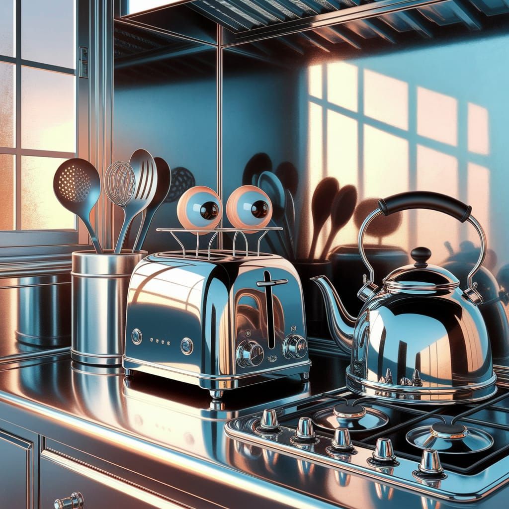 A painting in ink, tea, and alcohol depicting a gleaming, chibi-style anthropomorphic chrome toaster, ...  by @BethM-L