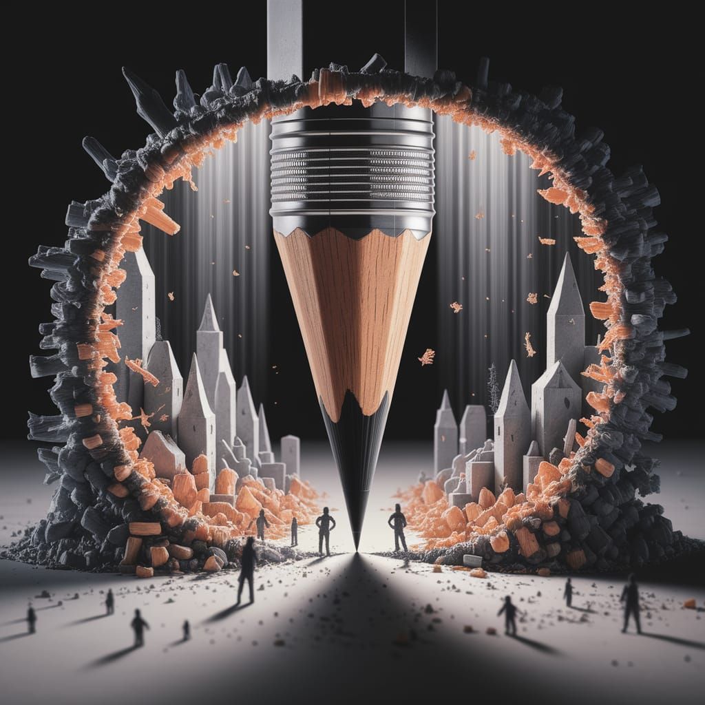 The tip of a pencil is depicted as a portal, revealing a bustling, miniature city made entirely of graphite ...  by @Tisha Garises