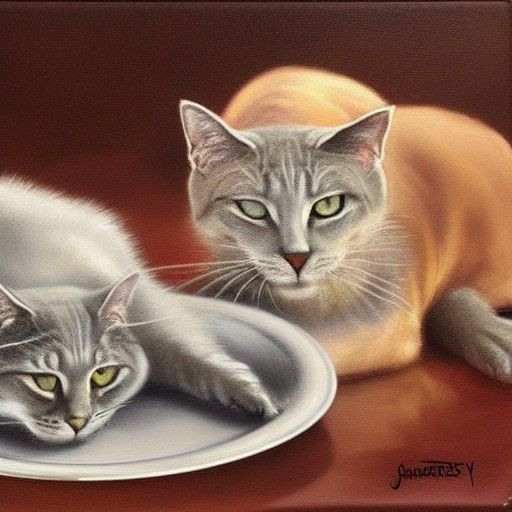 two gray cats sharing a plate of spaghetti