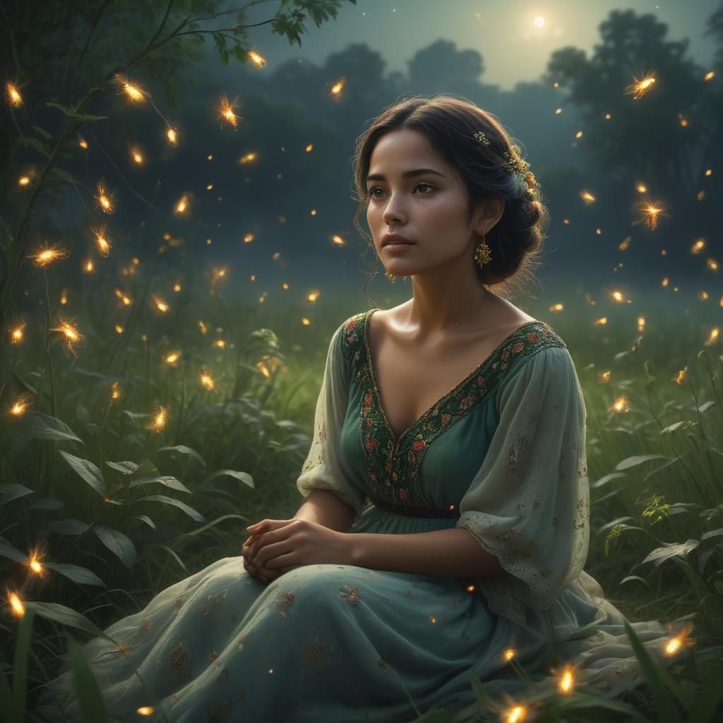 The enchanting Mexican woman peacefully sits in the verdant field as numerous fireflies bring light to ...  by @George Power 
