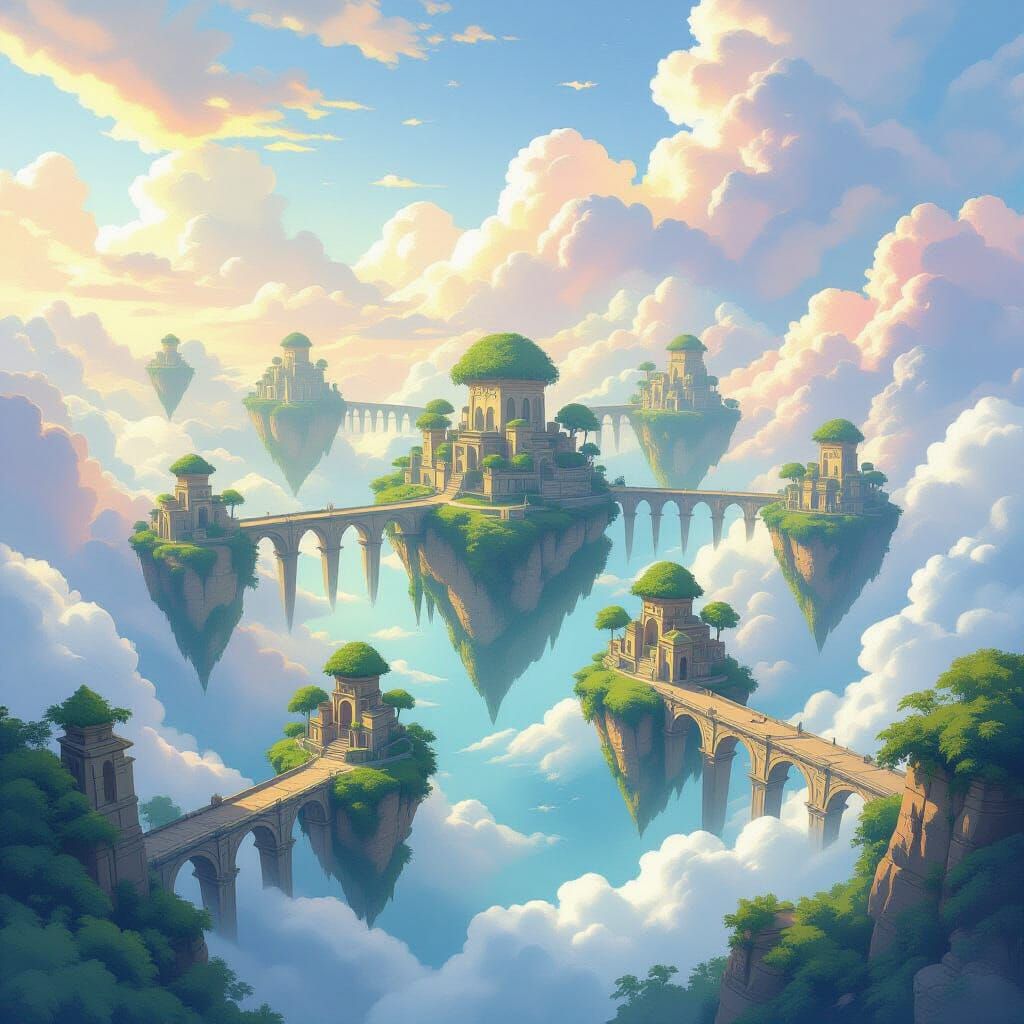 A cluster of lush, verdant islands float serenely in a sky filled with soft, pastel-colored clouds and gentle sunlight. Ancient, weathered s...