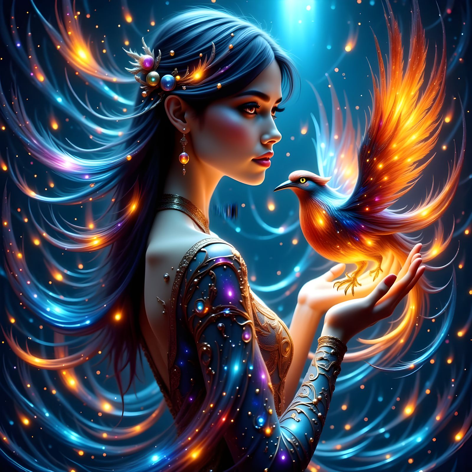 Ethereal Goddess Cradles Radiant Firebird
