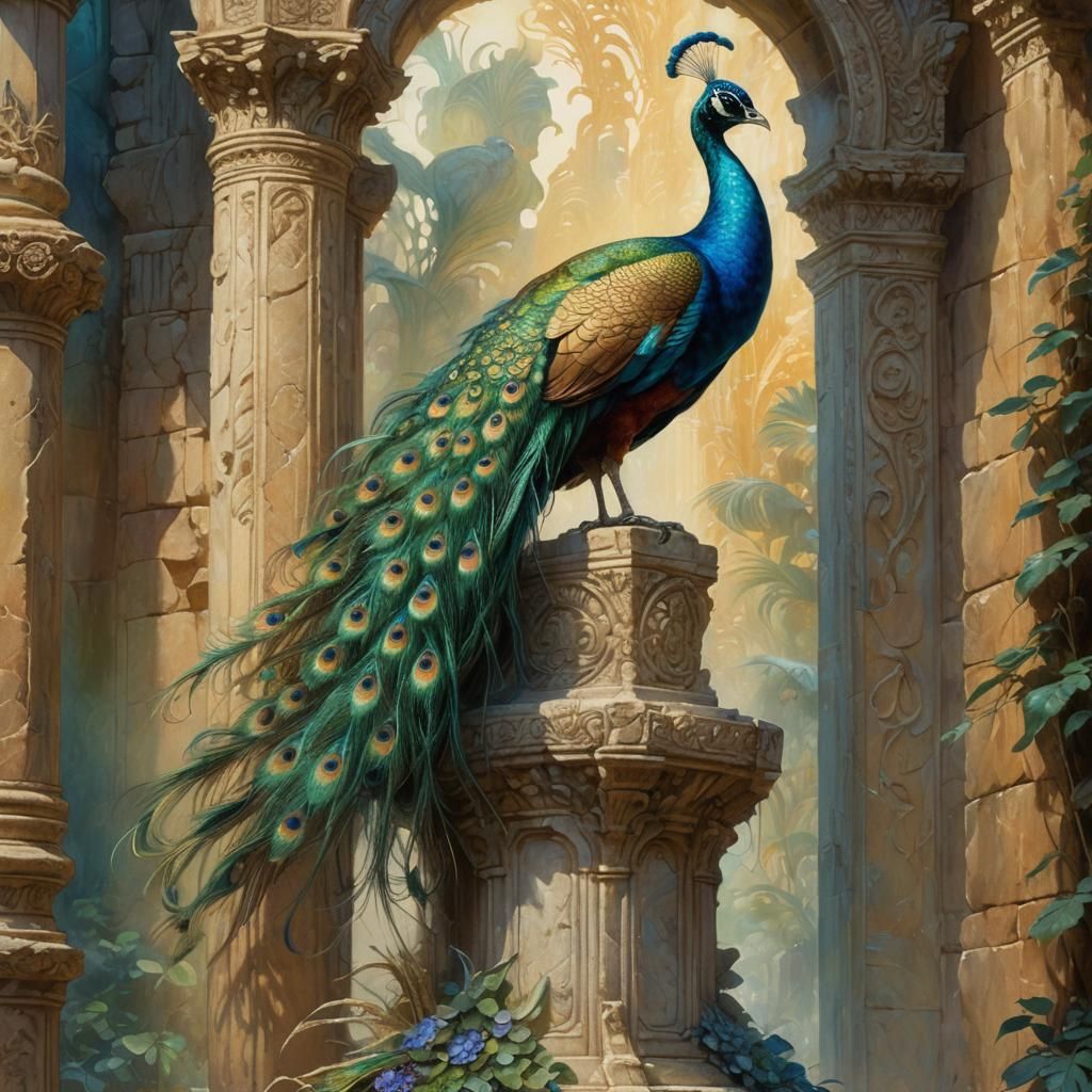 Vibrant Peacock on Carved Stone Pillar