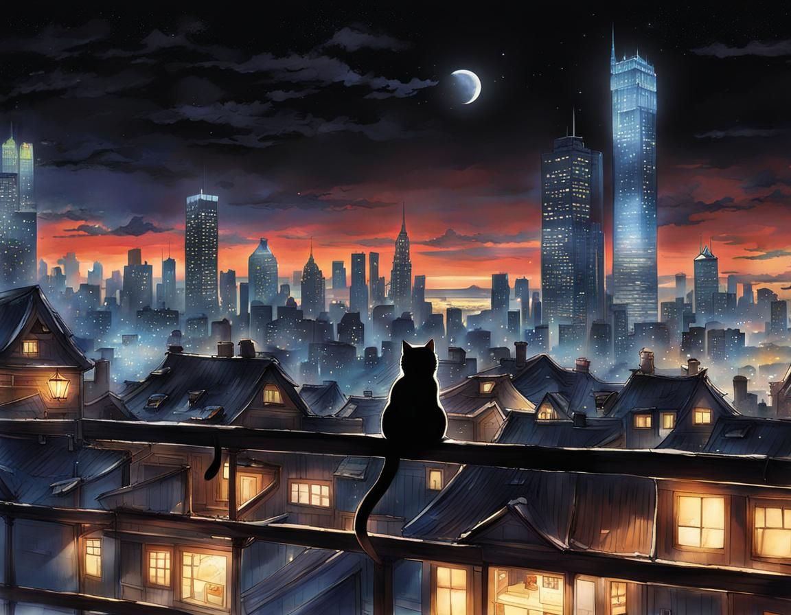 cat watching the city at night  by @Harmanna