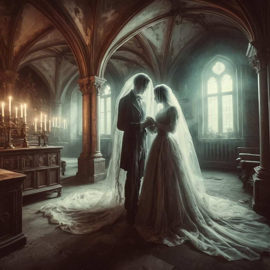 Eerie Ghostly Couple in Gothic Mansion