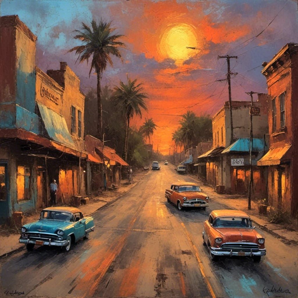 route 66 sunset in the style of a grungy oil chalk painting. <lora:Oil Chalk Paintings:1.0> 