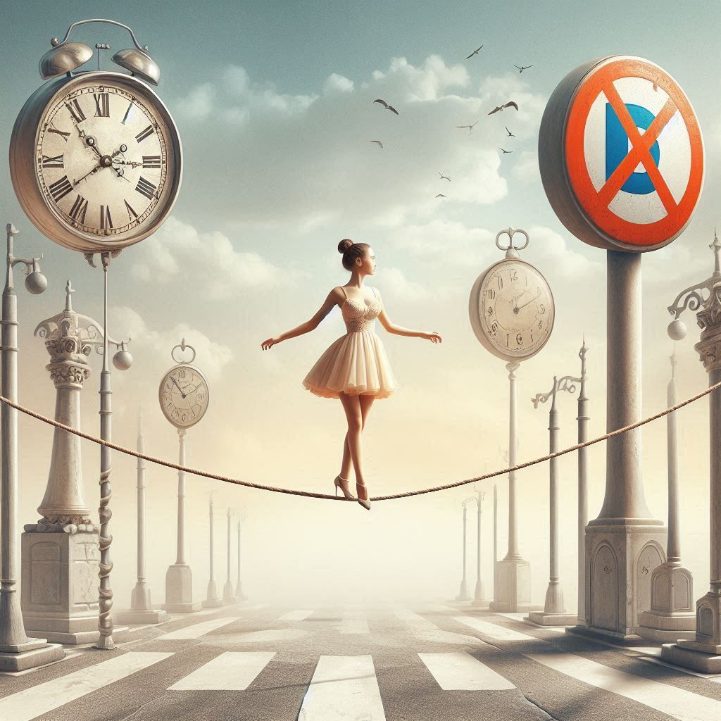 Tightrope walker with clock and no-dada sign
