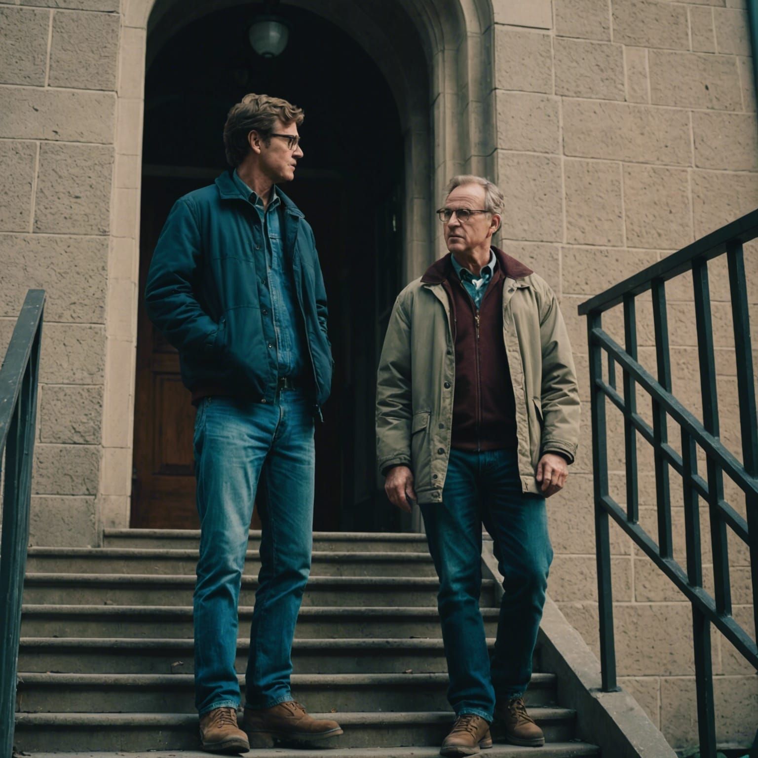 Two men standing on the stairs discussing liberal education