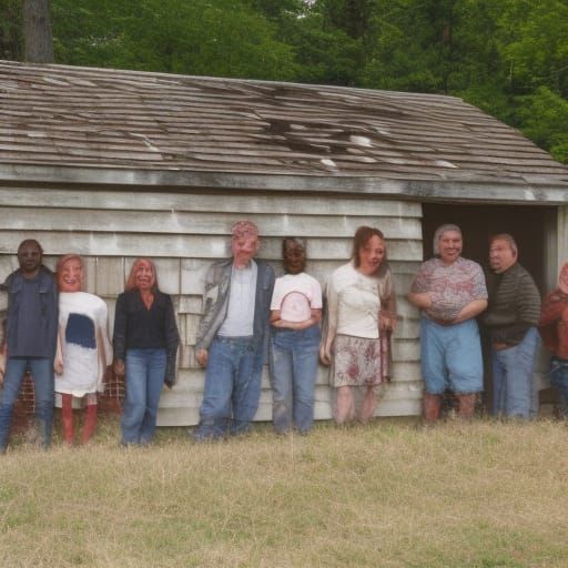 Group photo of dead people Infront of barn, distorted faces,...